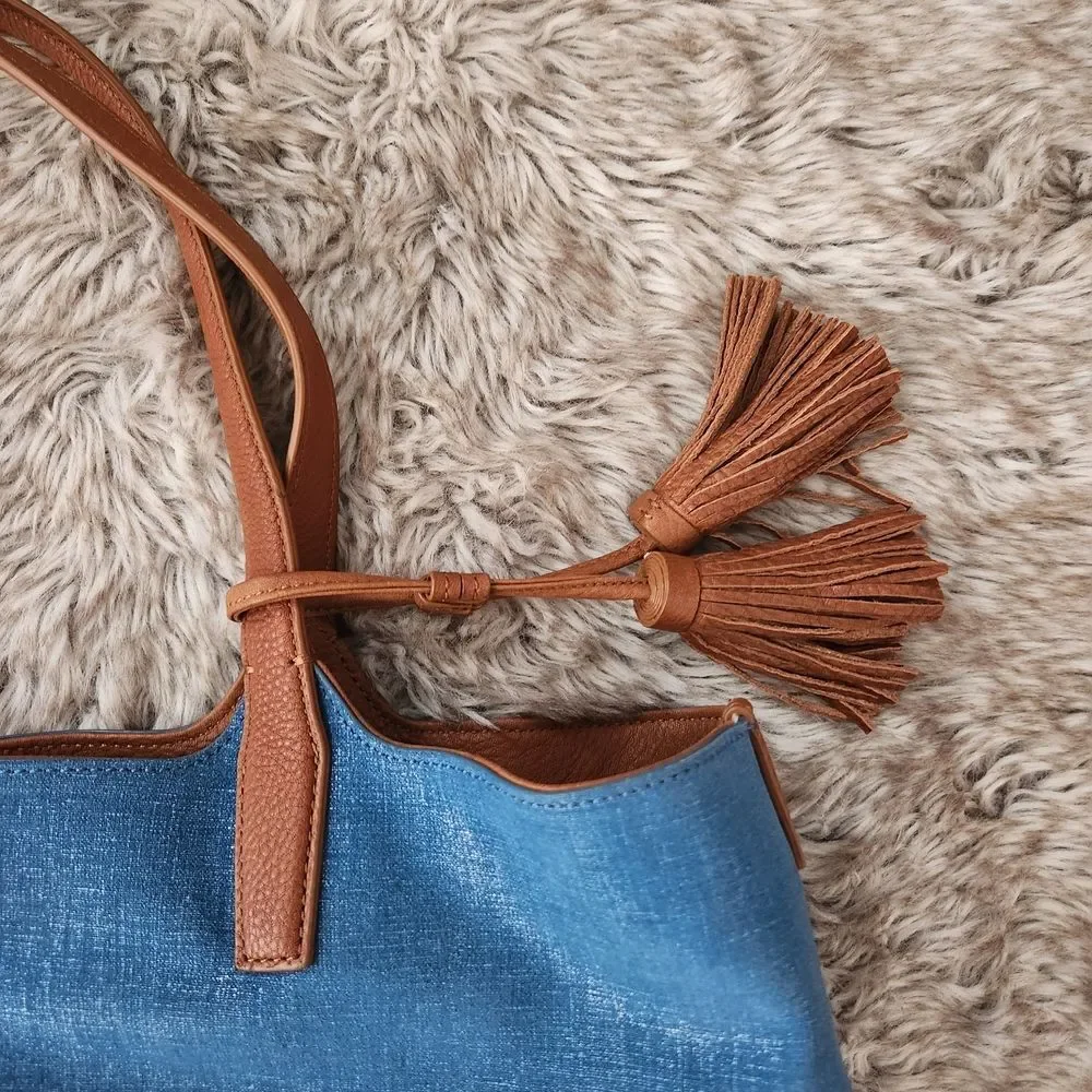 Vince Camuto Edena Tote Blue and Brown Leather‎ and Denim Colorblocked Bag